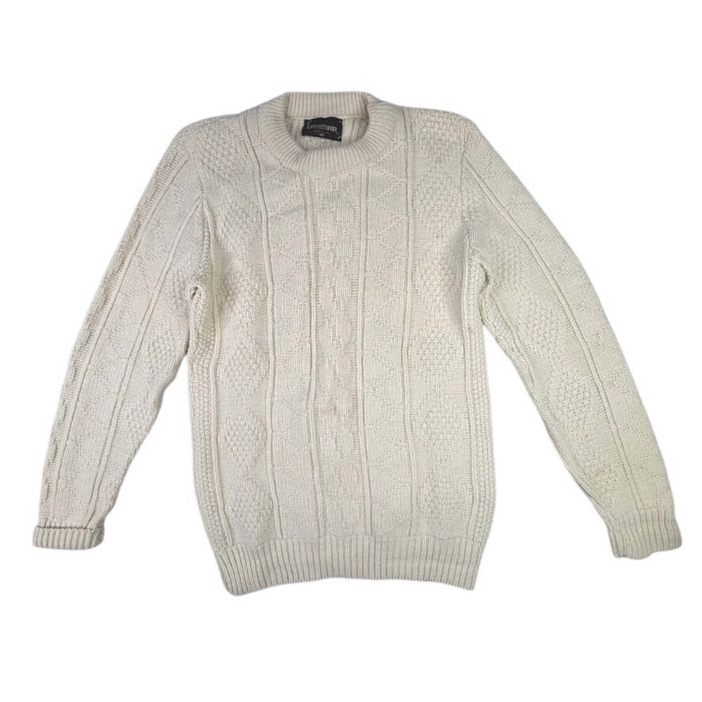 Lahmar Mens Cream Cable Knit Sweater Long Sleeve Crewneck Size M Made in USA
